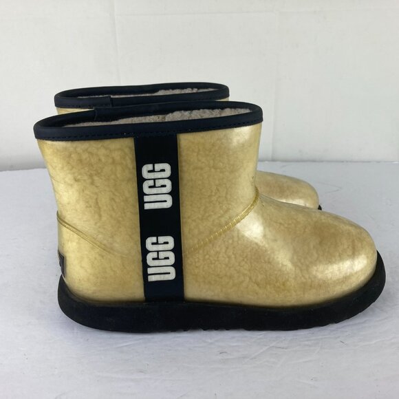 UGG Womens Sz 6 Clear Mini Boots Natural Black Sheepskin Lined Rain Winter Boots - Picture 4 of 7